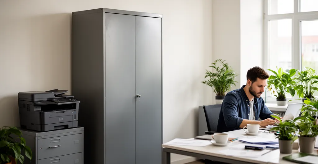 Bureau professionnel avec armoire haute contre le mur et armoire basse servant de support imprimante