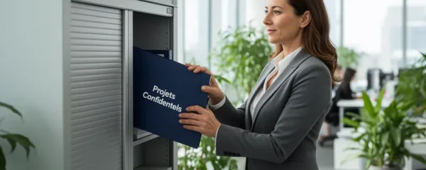 Employée consultant des dossiers dans une armoire métallique de bureau moderne