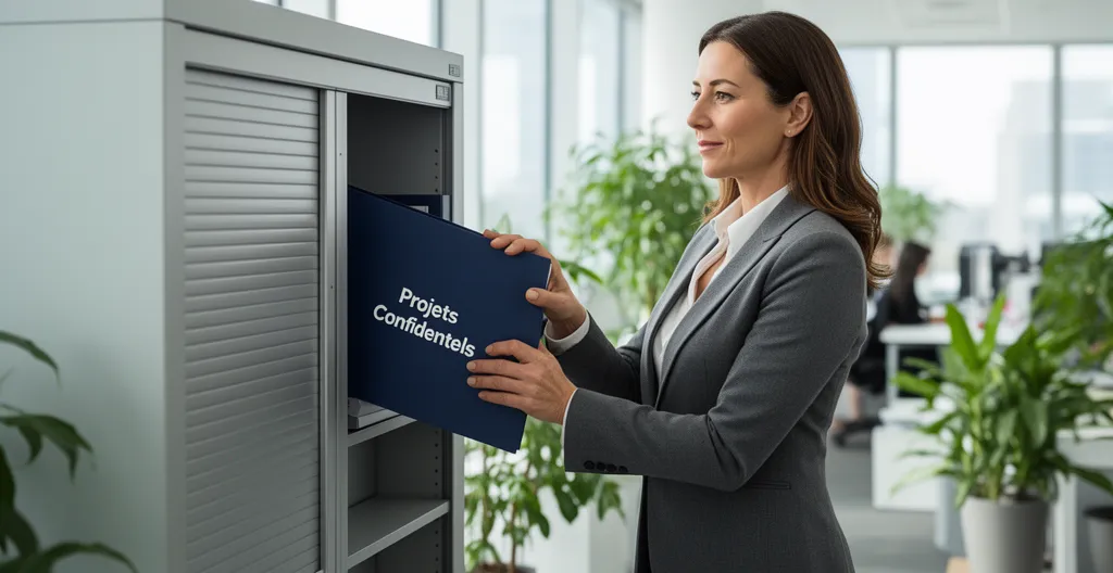 Employée consultant des dossiers dans une armoire métallique de bureau moderne
