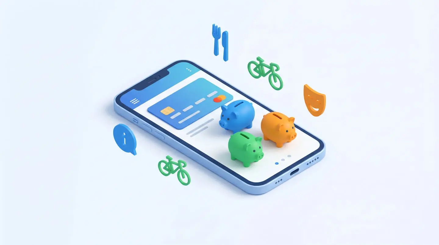 Application mobile affichant une carte avec trois cagnottes et des icônes de commerces.