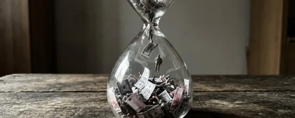 Sablier où s'écoulent des billets et des silhouettes, symbolisant le coût du turnover.