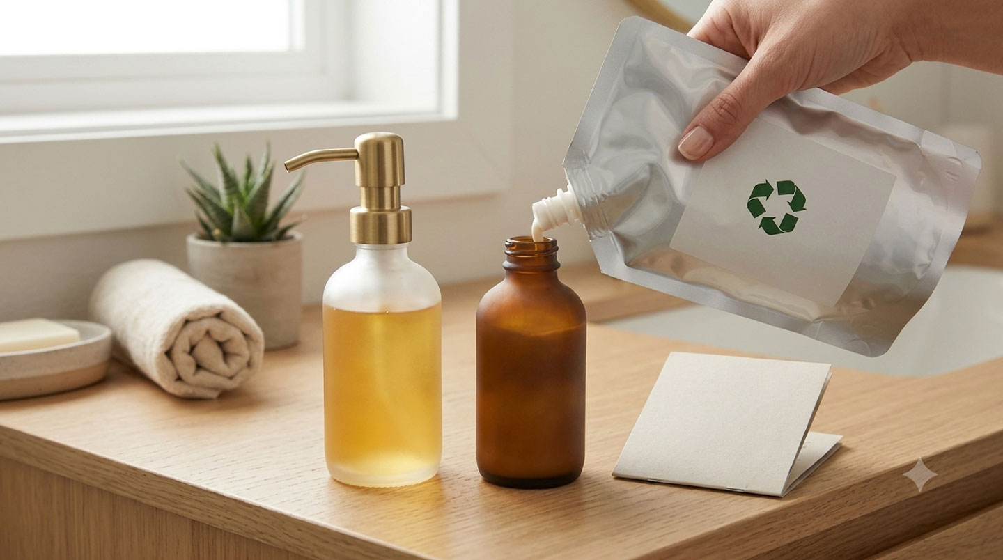 Professionnel consultant des graphiques d'analyse de cycle de vie sur écran d'ordinateur, avec échantillons de flacons cosmétiques en verre et plastique posés sur le bureau pour comparaison