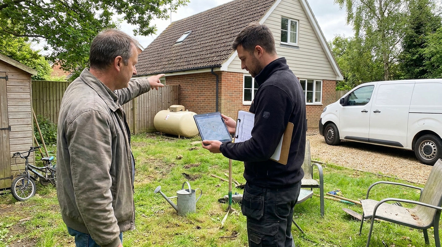 Technicien GRDF en gilet haute visibilité intervenant sur une canalisation jaune de gaz naturel dans une tranchée urbaine en France