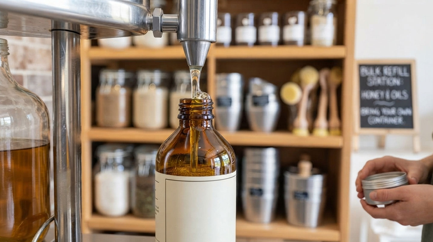 Cliente remplissant son flacon rechargeable personnel à partir d'une station de recharge murale dans une boutique cosmétique zéro déchet française, avec rayonnages de produits naturels en arrière-plan