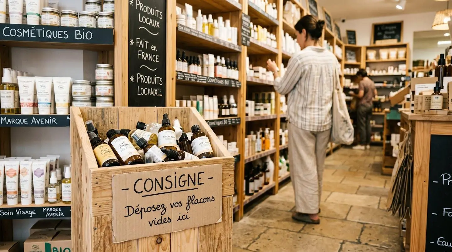 Bac de collecte pour flacons consignés dans un magasin bio français, avec plusieurs contenants en verre vides déjà déposés et signalétique en français invitant au retour des emballages