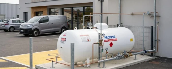 Citerne de gaz propane blanche installée à l'extérieur d'un bâtiment professionnel en France, équipement technique visible avec tuyauteries et vannes dans un espace sécurisé