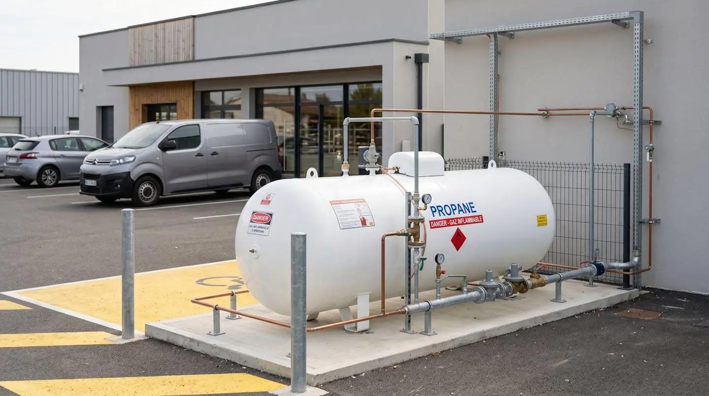 Citerne de gaz propane blanche installée à l'extérieur d'un bâtiment professionnel en France, équipement technique visible avec tuyauteries et vannes dans un espace sécurisé