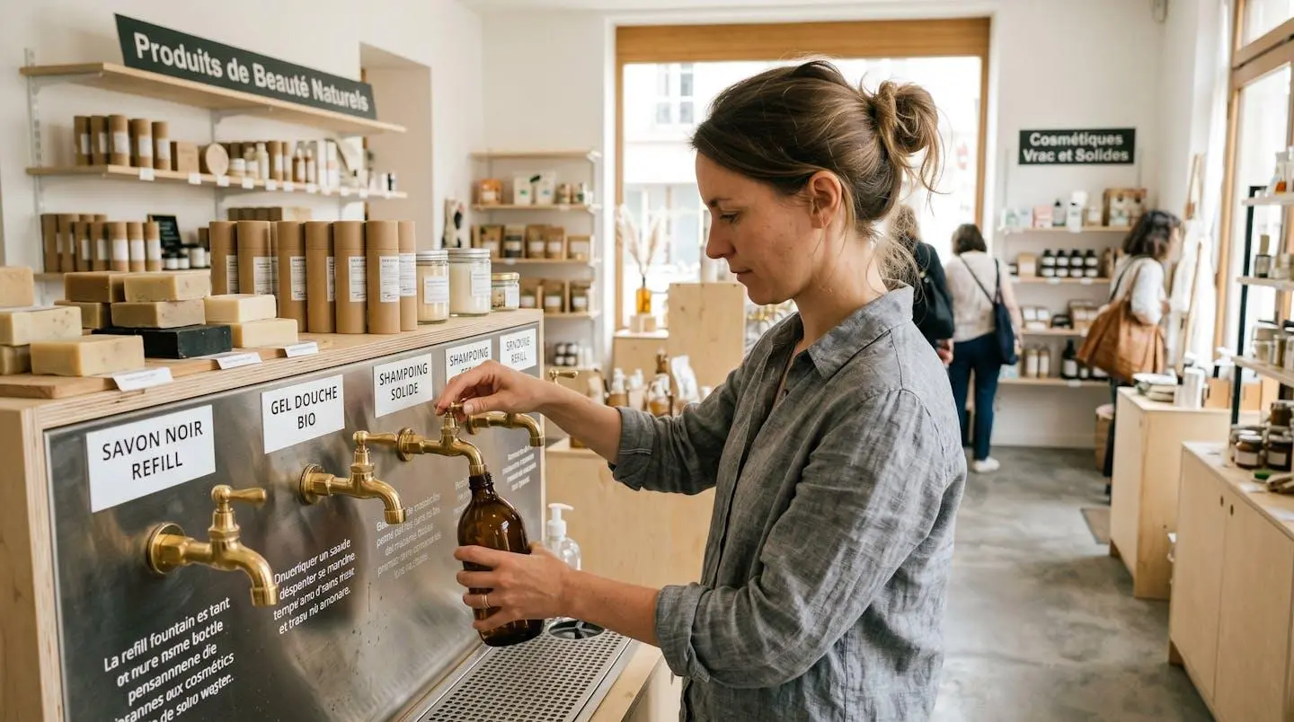Cliente remplissant son flacon rechargeable personnel à partir d'une station de recharge murale dans une boutique cosmétique zéro déchet française, avec rayonnages de produits naturels en arrière-plan