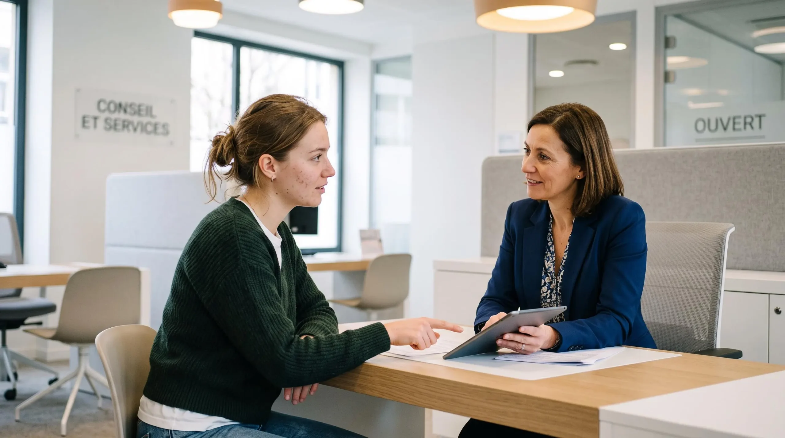 Jeune adulte en consultation avec un conseiller bancaire pour la transition du Livret Jeune