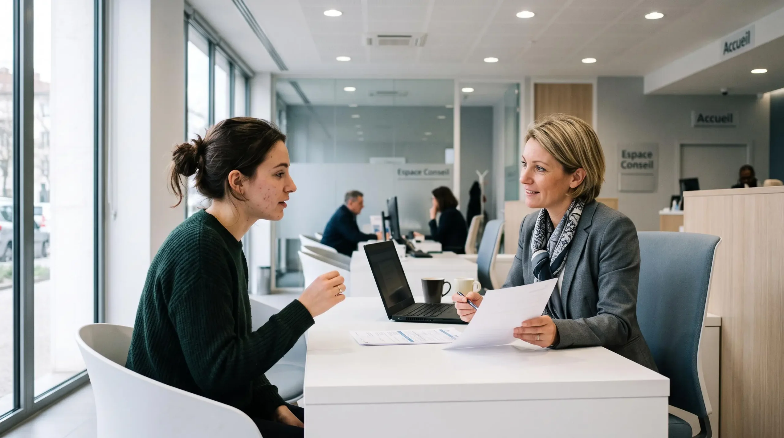 Jeune adulte en conversation avec un conseiller bancaire dans une agence moderne