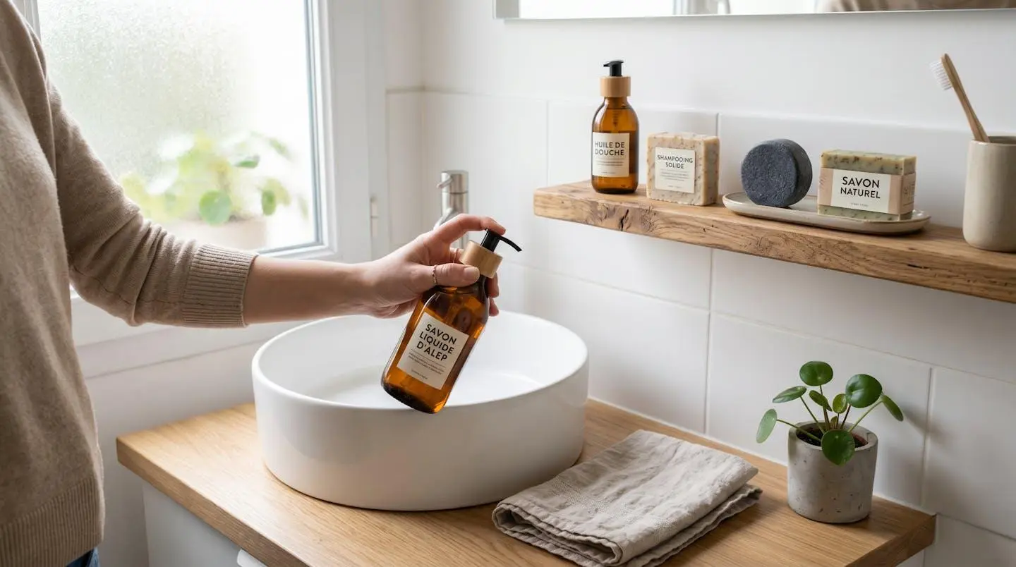 Main tenant un flacon rechargeable en verre ambré au-dessus d'un lavabo blanc dans une salle de bain lumineuse de style scandinave, avec shampoings solides et savons disposés sur une étagère en bois clair