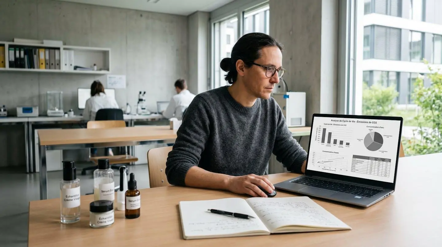 Professionnel consultant des graphiques d'analyse de cycle de vie sur écran d'ordinateur, avec échantillons de flacons cosmétiques en verre et plastique posés sur le bureau pour comparaison
