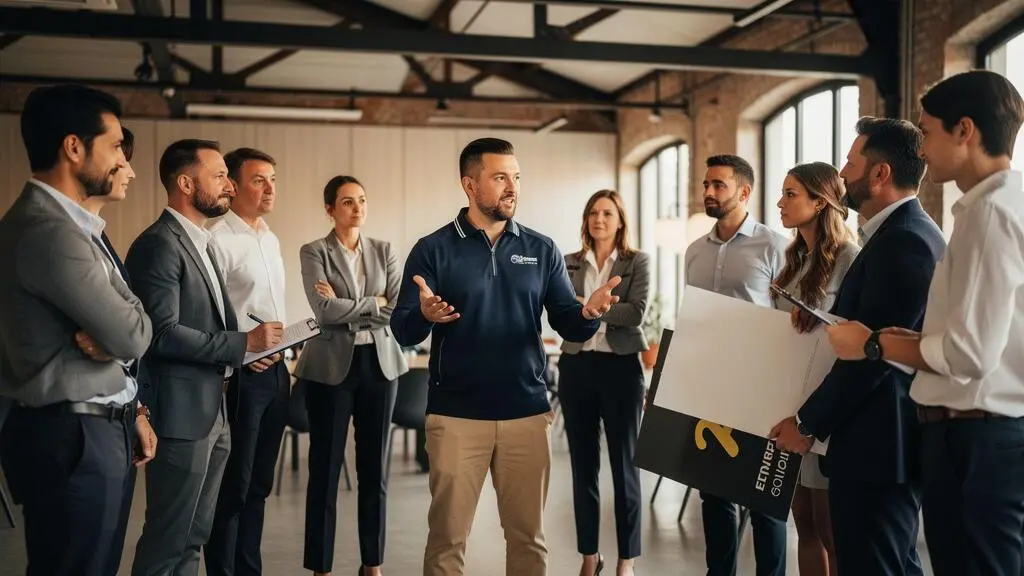 Animateur de team building dirigeant et impliquant un sous-groupe de participants lors d'une activité interactive