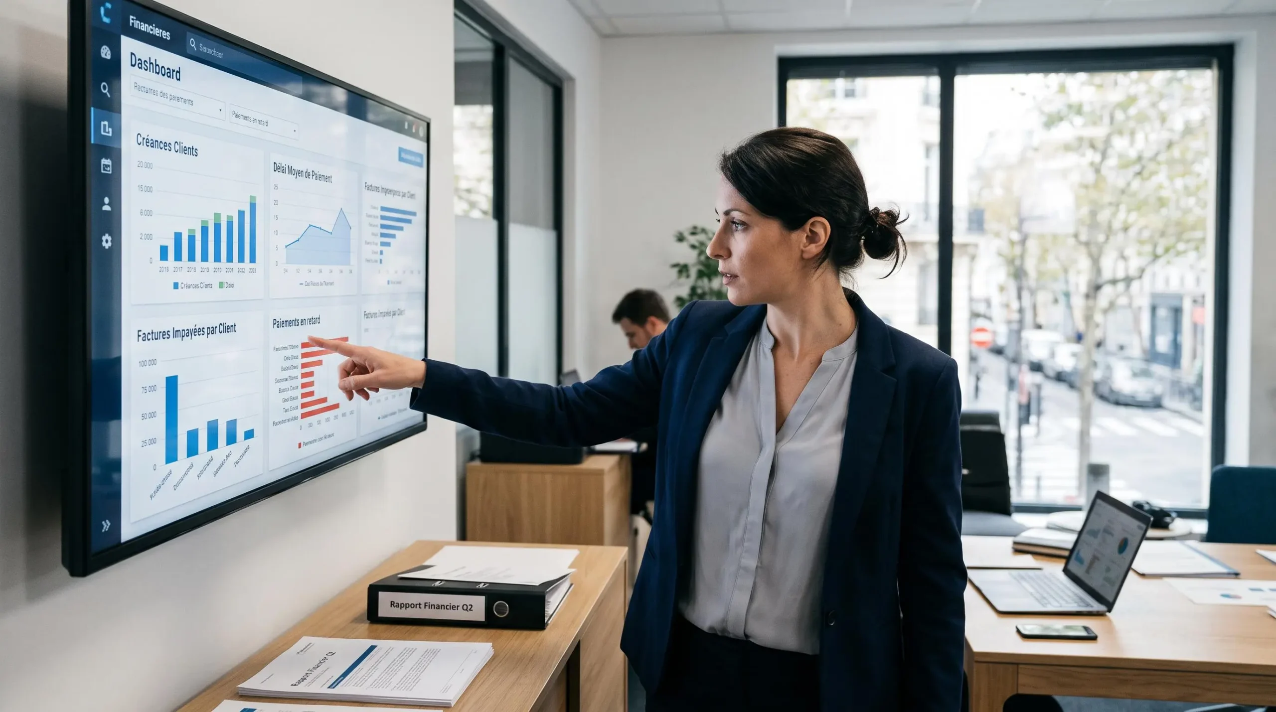 Contrôleur de gestion analysant debout un tableau de bord des encours clients dans un bureau de PME française