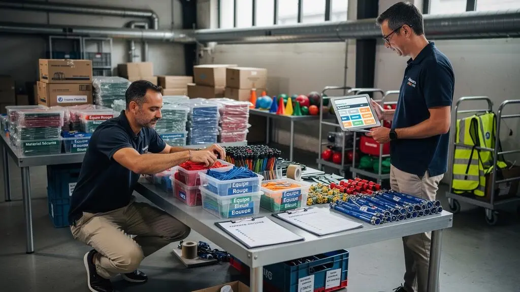 Animateurs préparant et organisant le matériel et les équipements de team building dans une zone de préparation en coulisses