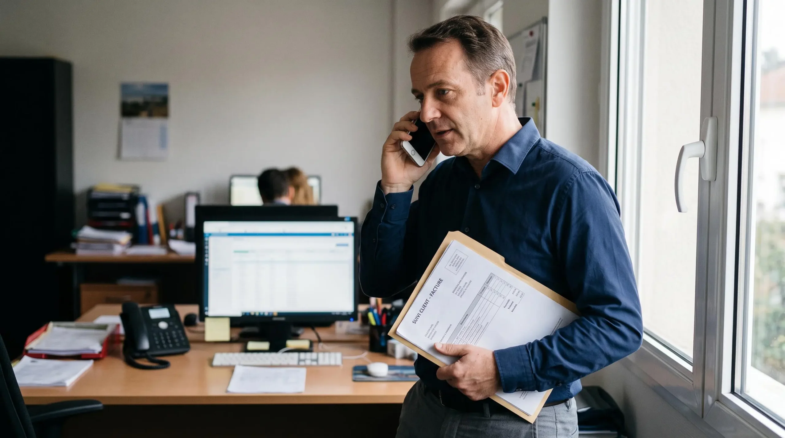 Professionnel du recouvrement effectuant un appel de relance client dans un bureau de PME française