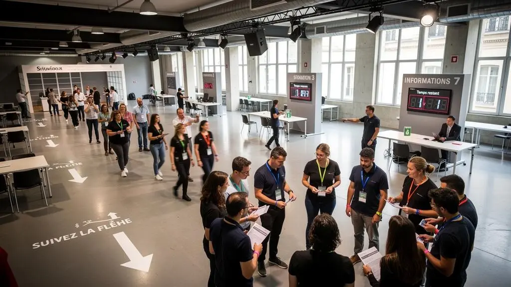 Multiple groups of participants transitioning between activities with facilitators coordinating movements during a large-scale team building event