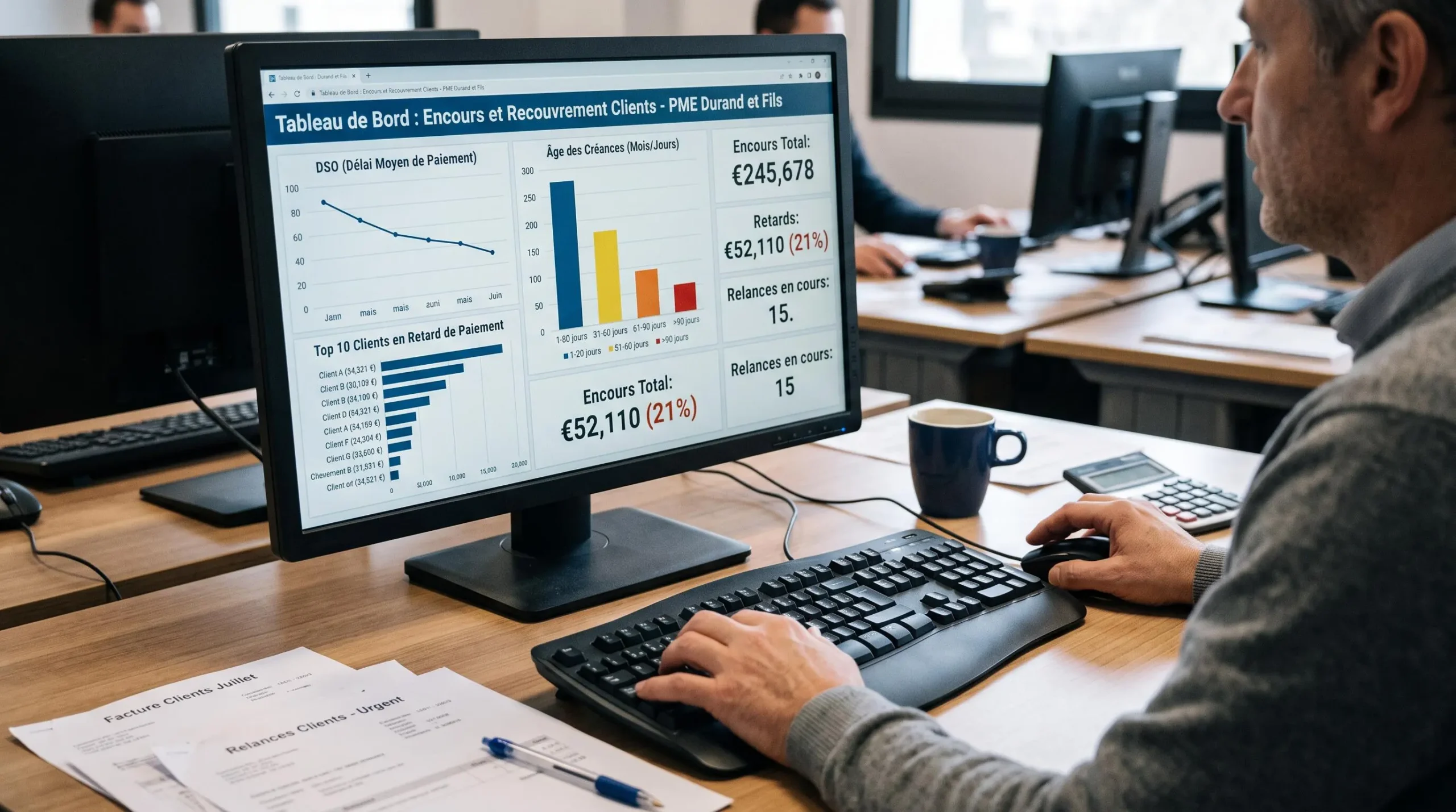 Écran d'ordinateur affichant un tableau de bord financier avec indicateurs d'encours clients et métriques de retards de paiement