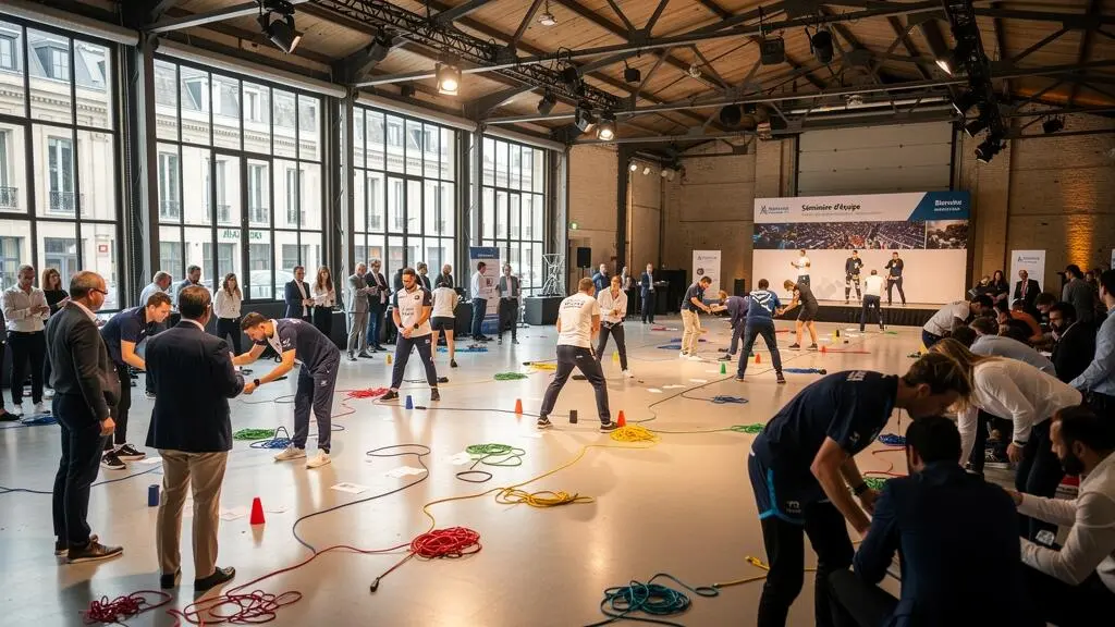 Grand groupe de collaborateurs participant à une activité de team building dans un lieu événementiel moderne avec plusieurs animateurs coordonnant l'événement