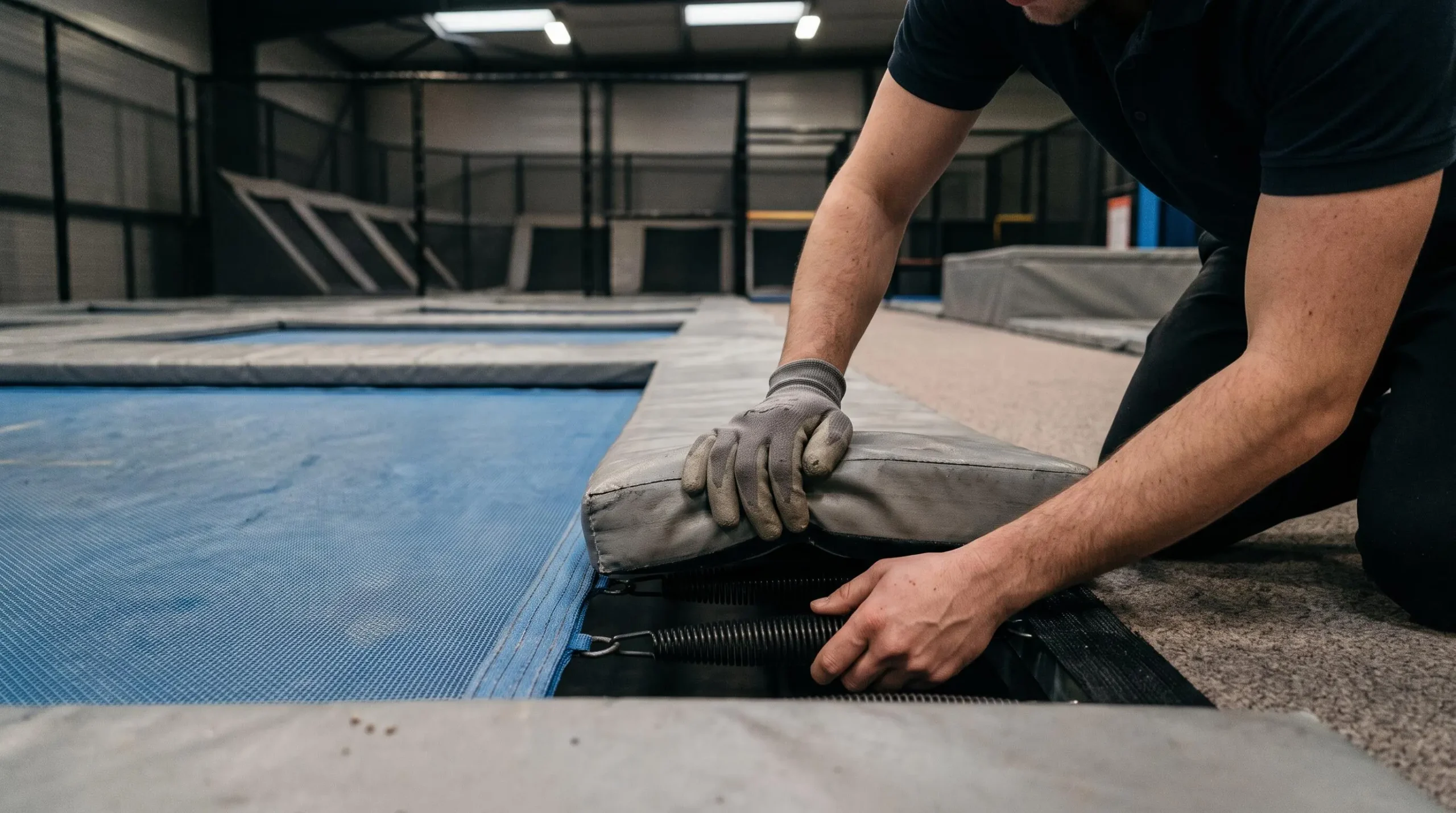 Un employé d'un parc de trampolines inspecte la jonction entre la toile de saut et les mousses de protection au bord du trampoline.