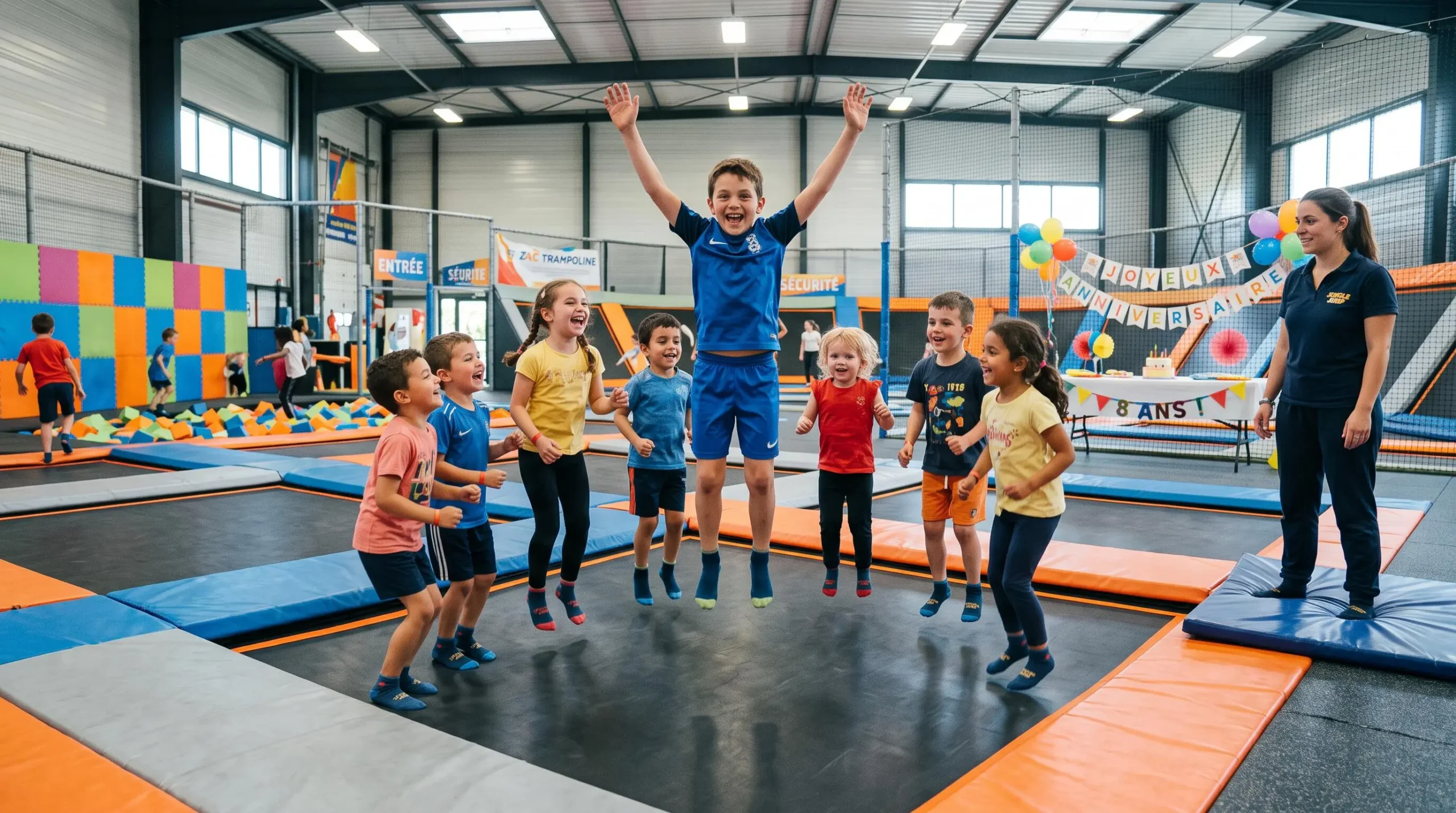Des enfants d'âges variés sautent ensemble sur les trampolines d'un parc couvert pendant un anniversaire, sous la surveillance d'un animateur.