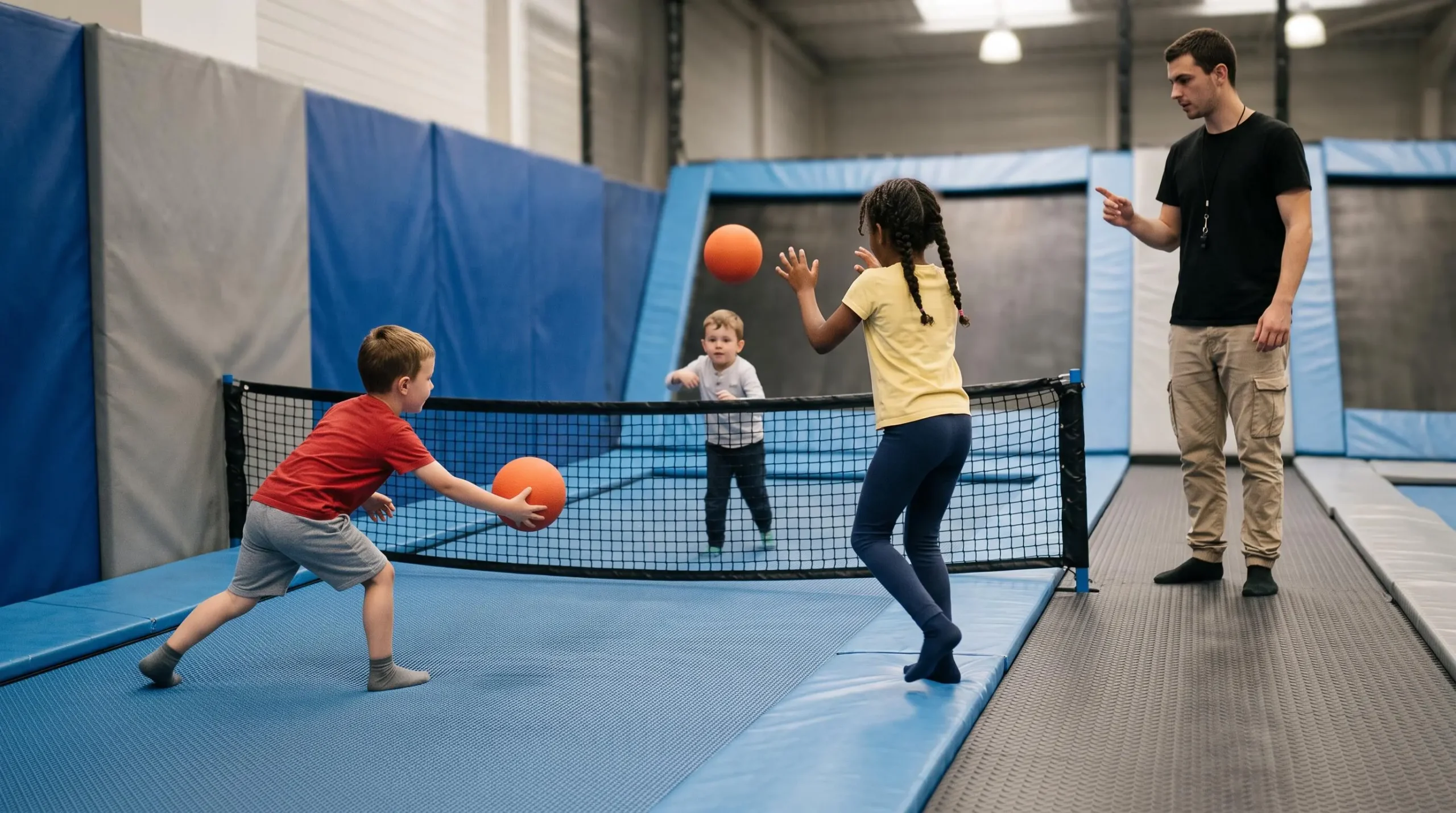 Trois enfants de 4 à 7 ans jouent au ballon sur un trampoline dédié, surveillés par un adulte depuis le chemin d'accès.