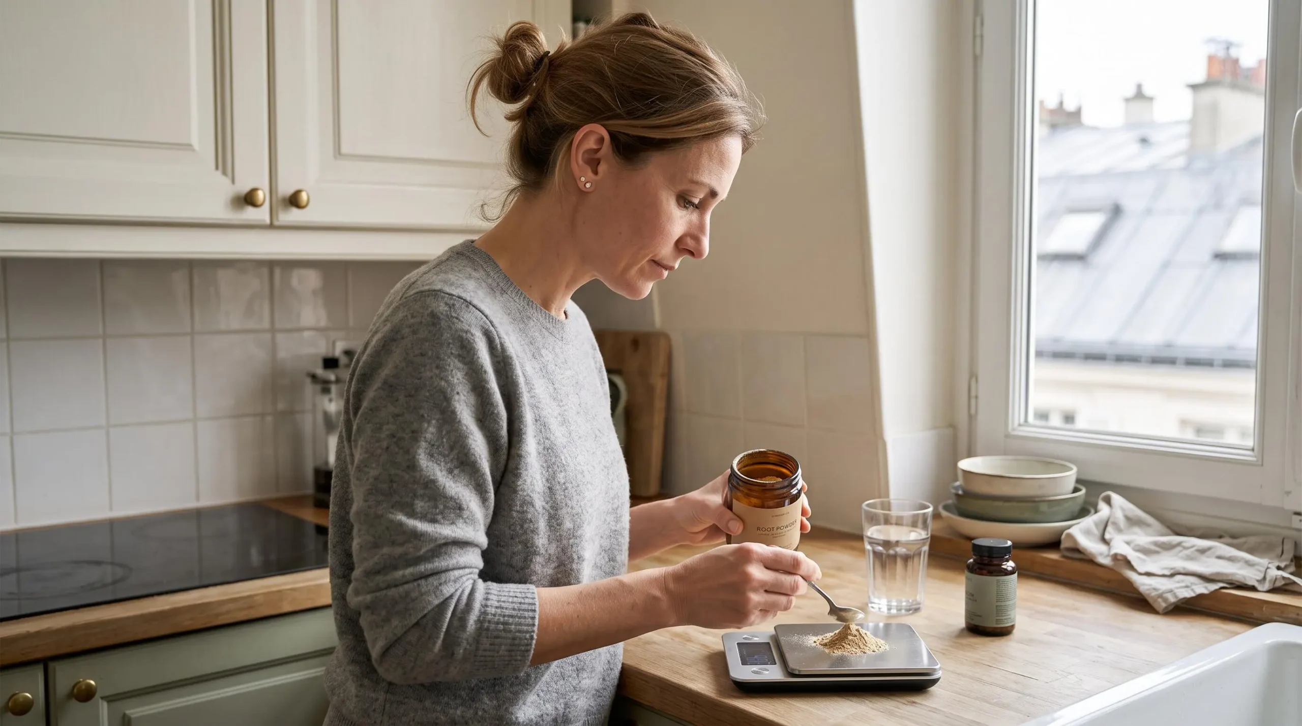 Une femme pèse de la poudre d'ashwagandha sur une balance de cuisine dans sa cuisine.