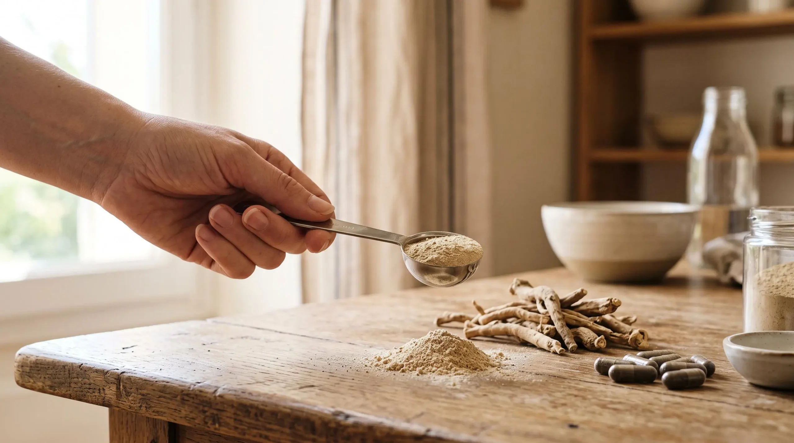 Une main tient une cuillère de poudre d'ashwagandha au-dessus d'une table où sont posées des racines séchées et des gélules.