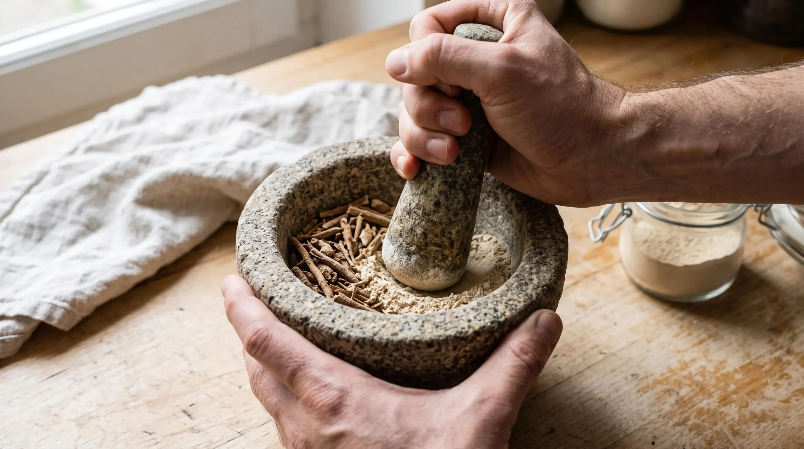 Des mains broient des morceaux de racine d'ashwagandha dans un mortier en pierre sur un plan de travail.