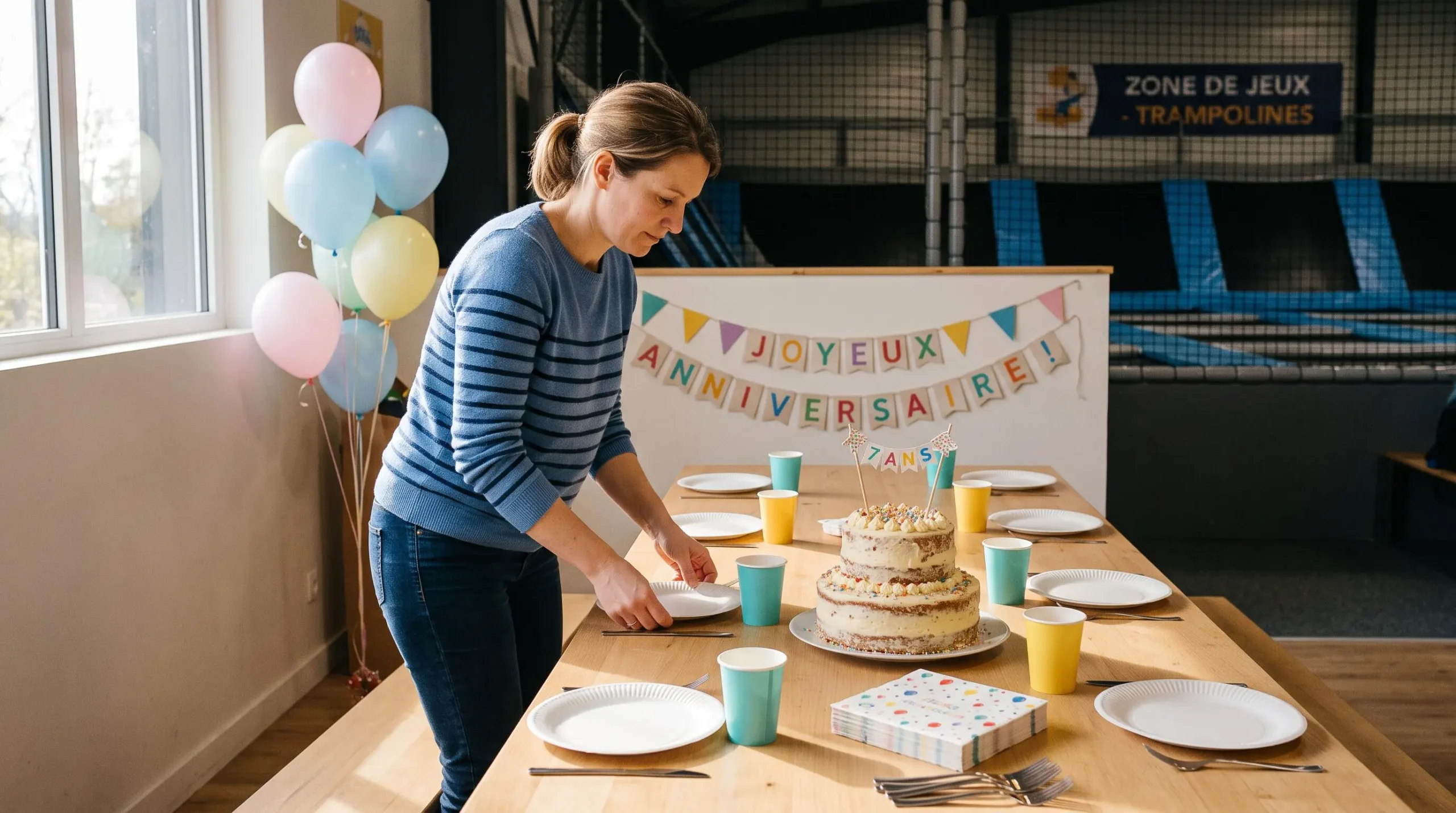 Une mère prépare la table du goûter avec un gâteau d'anniversaire, des assiettes et des ballons dans la salle dédiée d'un parc de trampolines.