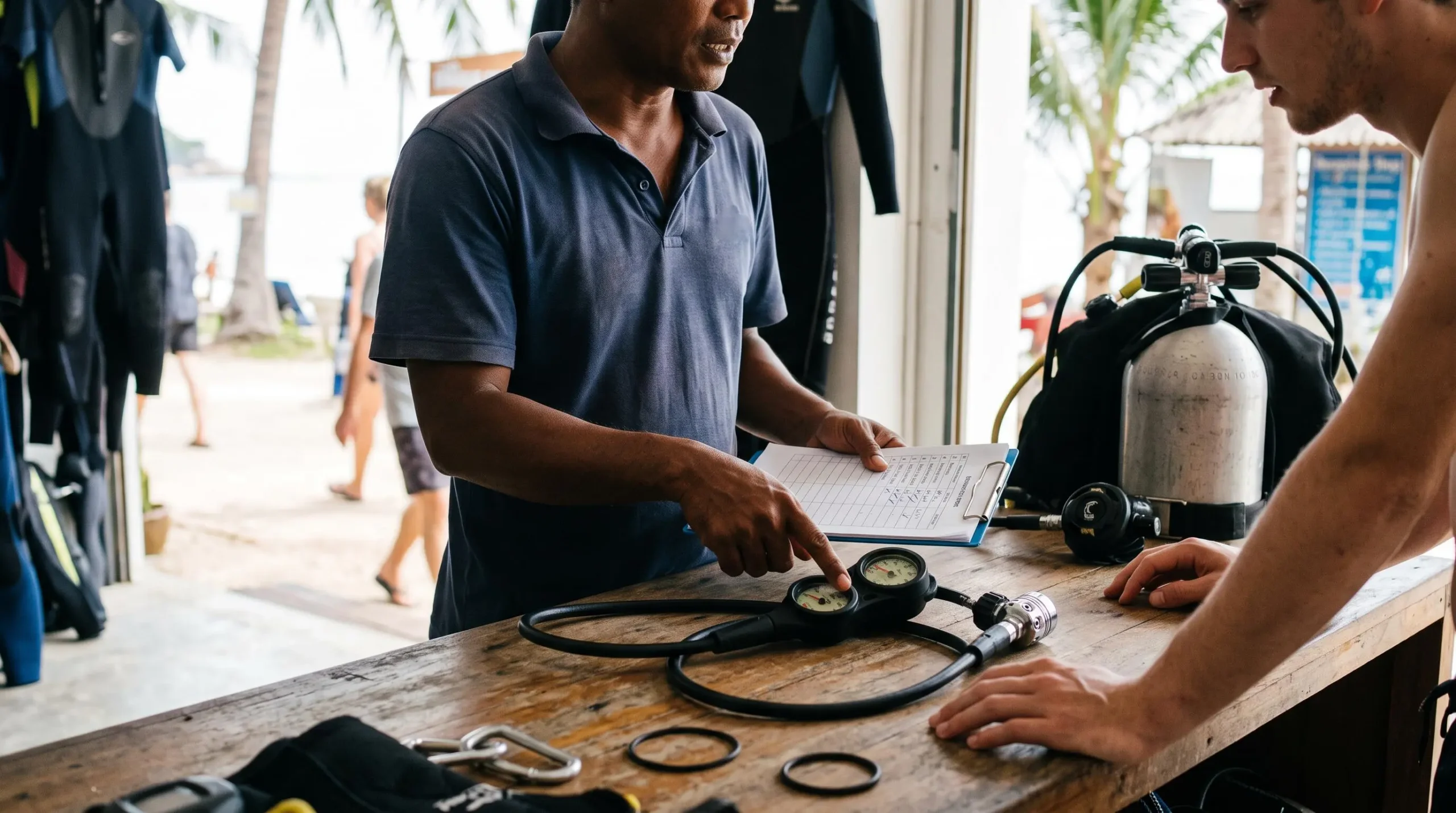 Un moniteur de plongée explique le fonctionnement d'un bloc et d'un manomètre à un client dans une boutique de plongée à Koh Tao.