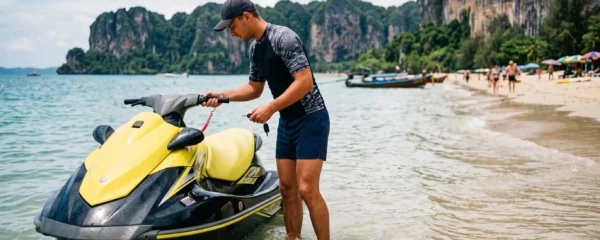 Un touriste vérifie un jet-ski en location libre sur une plage de Phuket avant de le démarrer.