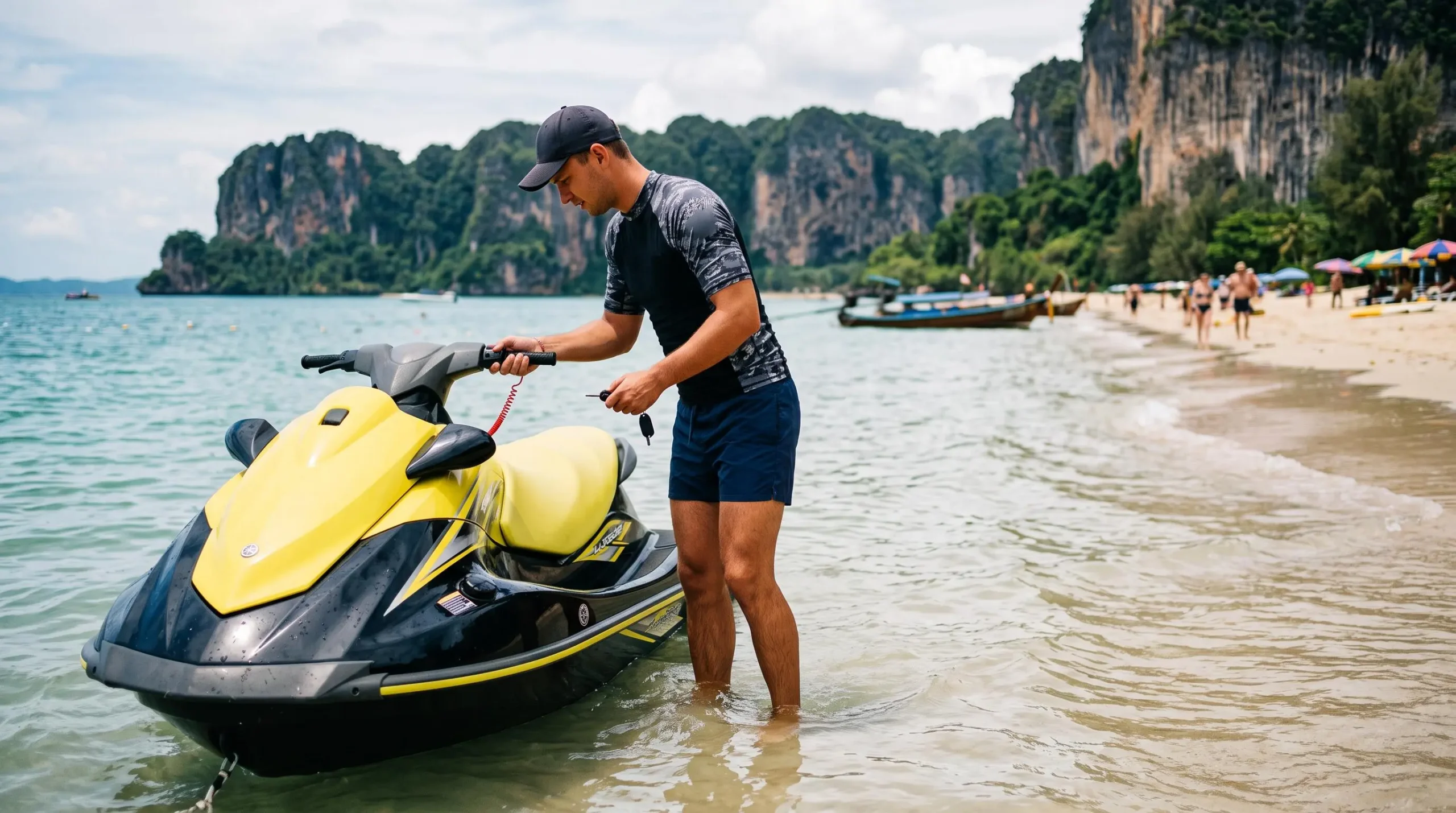 Un touriste vérifie un jet-ski en location libre sur une plage de Phuket avant de le démarrer.