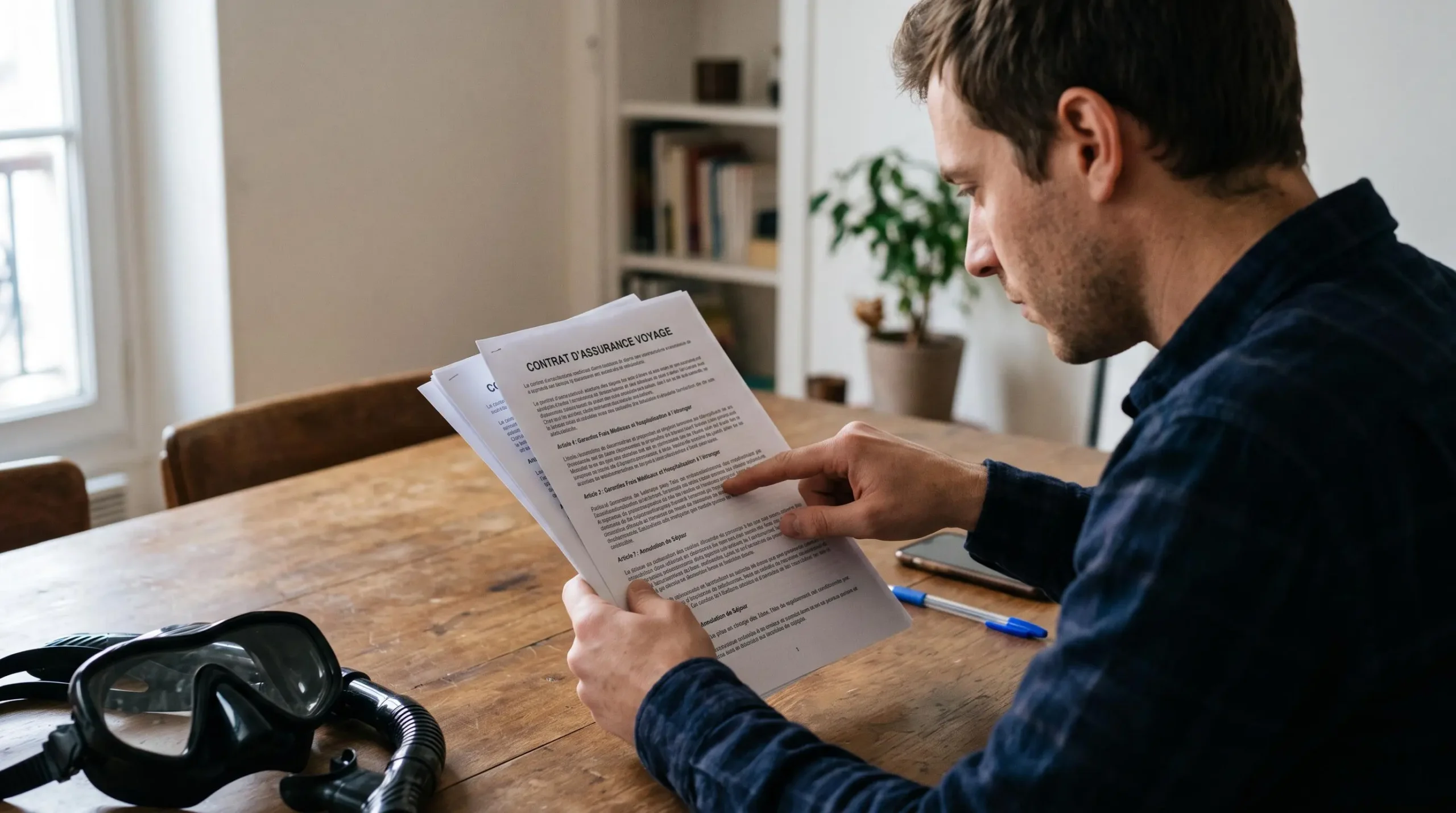 Un voyageur lit attentivement un contrat d'assurance imprimé, le doigt posé sur un paragraphe, assis à une table en bois.